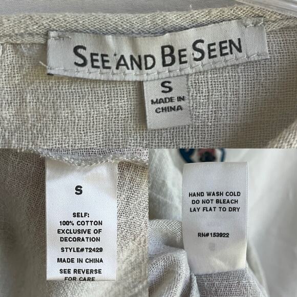 See and be Seen cotton embroidered bell sleeve top round neck pom pom details, S - Picture 7 of 7